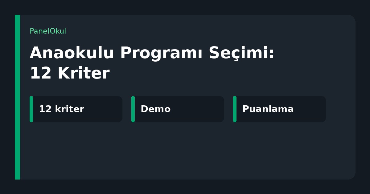 Anaokulu Programı Seçimi: 12 Kriter yazılı kapak; kriter, demo ve puanlama etiketleri