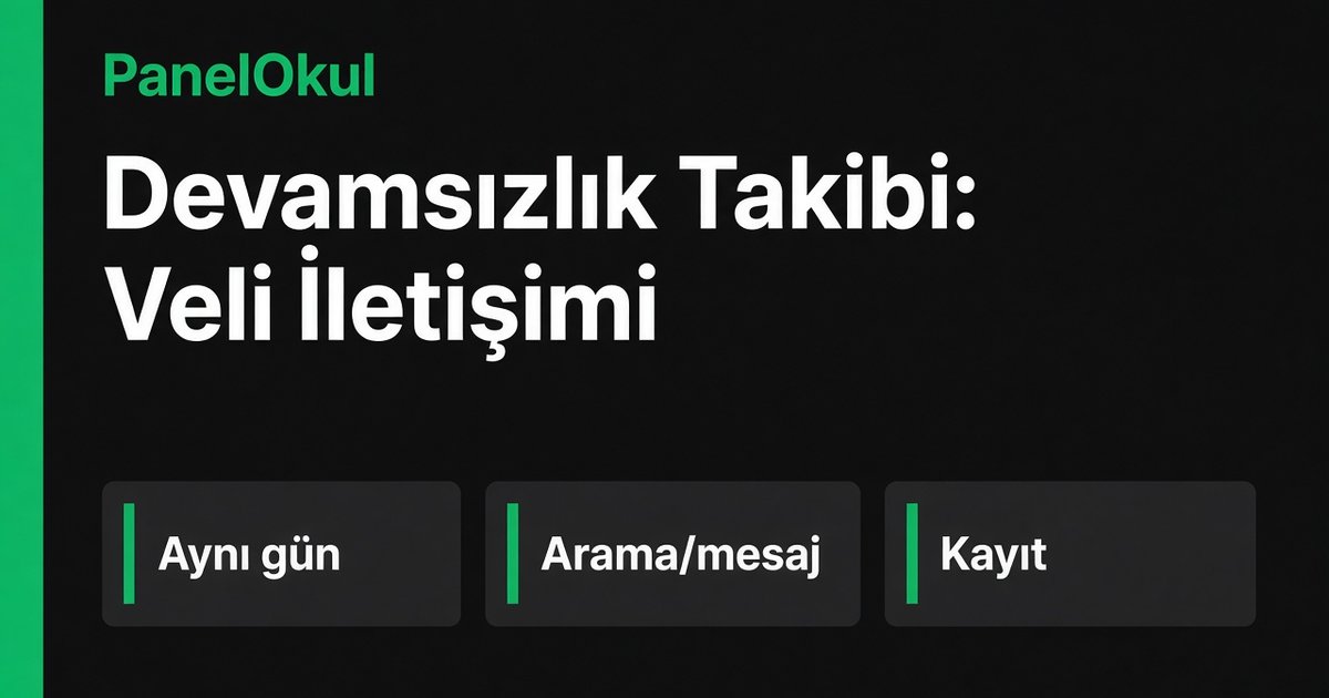 Devamsızlık Takibi: Veli İletişimi yazılı koyu kapak; aynı gün mesaj, kayıt ve tekrar adımları