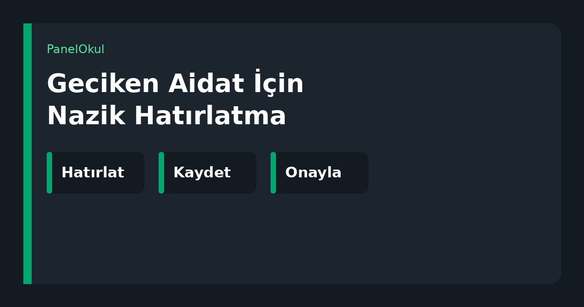 Geciken Aidat İçin Nazik Hatırlatma yazılı koyu kapak; hatırlat, kaydet ve onayla etiketleri