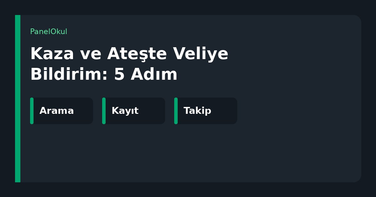 Kaza ve Ateşte Veliye Bildirim: 5 Adım yazılı koyu kapak; arama, kayıt ve takip etiketleri